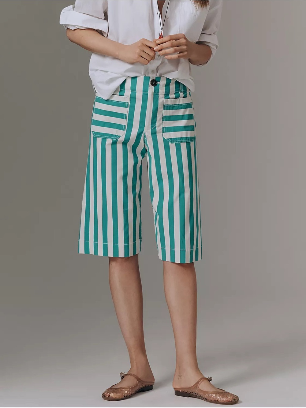 Anthropologie The Colette High-Rise Longline Shorts Striped Green White 27